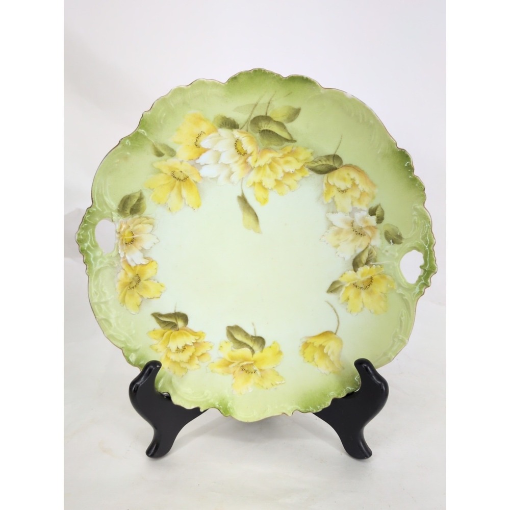 Antique Bavaria Floral Hand Painted Plate Gree Yellow Rose Gold Decorative  8.5"
